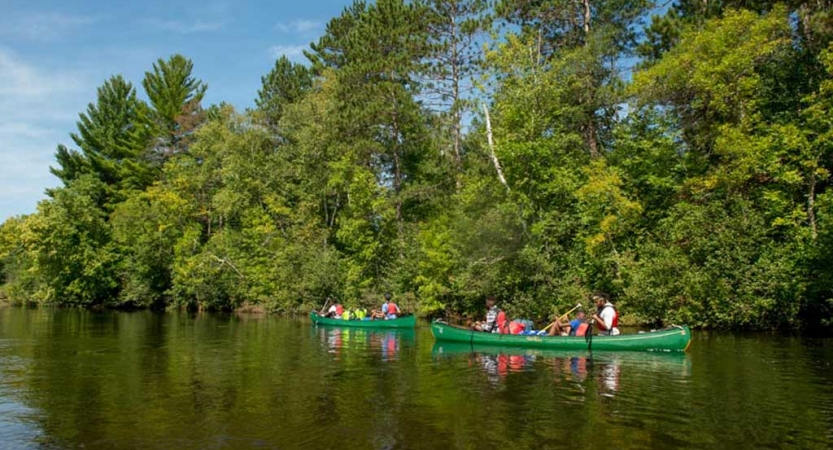 People paddle two canoes on calm water near a tree-lined shore.